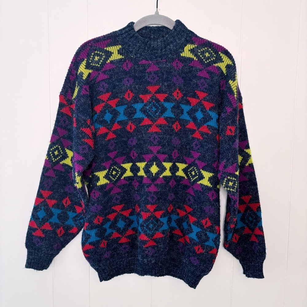 Vintage Private Eyes Navy & Bright Multi Colored Sweater M (?)